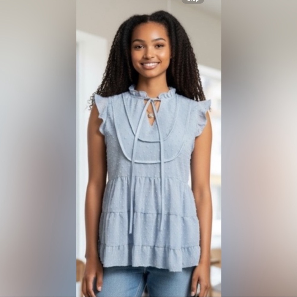 Miss Sparkling Light Blue Ruffle Sleeve Swiss Dot Tiered Women's Peplum Top